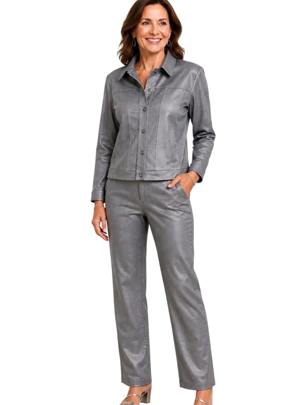 Vintage St. John Sport Marie Gray Metallic Denim Knit Jacket Pants Set Size 8